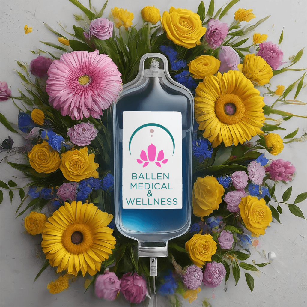 IV therapy bag with logo of Ballen Medical & Wellness sitting on top of beautiful spring flower bouquet, communicating spring wellness